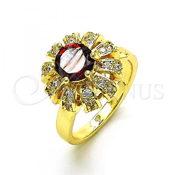 Oro Laminado Multi Stone Ring, Gold Filled Style Flower and Butterfly Design, with Garnet Cubic Zirconia and White Micro Pave, Polished, Golden Finish, 01.210.0154