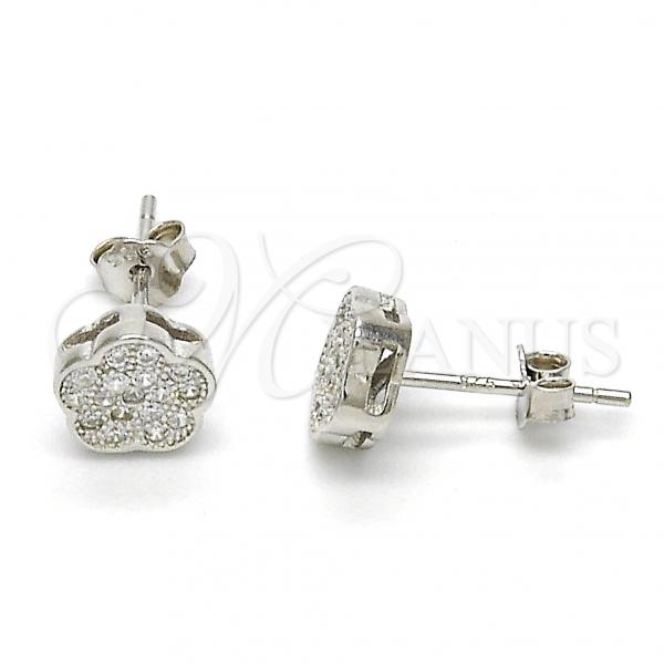 Sterling Silver Stud Earring, Flower Design, with White Cubic Zirconia, Polished, Rhodium Finish, 02.186.0032