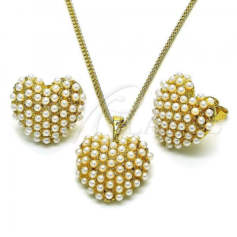 Oro Laminado Earring and Pendant Adult Set, Gold Filled Style Heart Design, with Ivory Pearl, Polished, Golden Finish, 10.379.0064