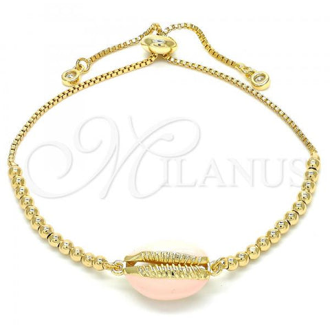 Oro Laminado Adjustable Bolo Bracelet, Gold Filled Style Shell Design, with White Cubic Zirconia, Pink Enamel Finish, Golden Finish, 03.63.2089.1.10