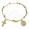 Oro Laminado Charm Bracelet, Gold Filled Style Guadalupe and Crucifix Design, Diamond Cutting Finish, Tricolor, 03.253.0087.08