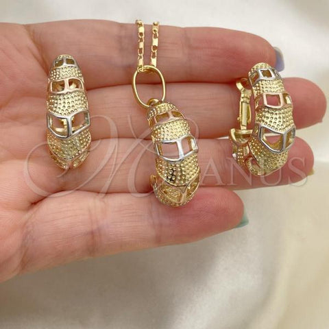 Oro Laminado Earring and Pendant Adult Set, Gold Filled Style Chunky Design, Polished, Tricolor, 10.163.0008.1