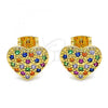 Oro Laminado Stud Earring, Gold Filled Style Heart Design, with Multicolor Micro Pave, Polished, Golden Finish, 02.377.0022