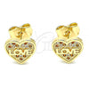 Oro Laminado Stud Earring, Gold Filled Style Heart and Love Design, with Garnet and White Micro Pave, Polished, Golden Finish, 02.156.0504.1