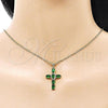 Oro Laminado Religious Pendant, Gold Filled Style Cross Design, with Green Cubic Zirconia and White Micro Pave, Polished, Golden Finish, 05.213.0141