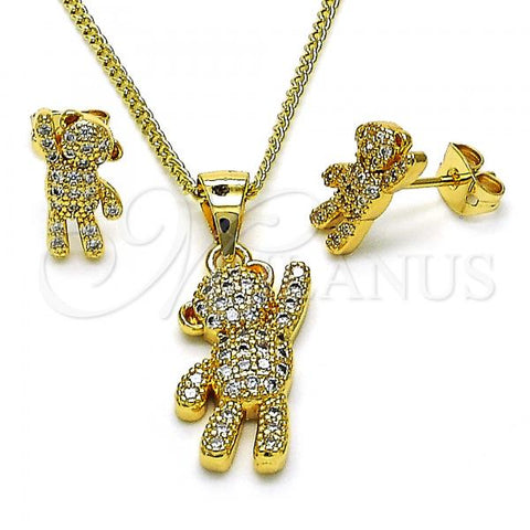 Oro Laminado Earring and Pendant Adult Set, Gold Filled Style Teddy Bear Design, with White Micro Pave, Polished, Golden Finish, 10.342.0109