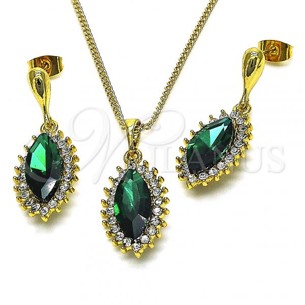 Oro Laminado Earring and Pendant Adult Set, Gold Filled Style with Emerald and Crystal Crystal, Polished, Golden Finish, 10.379.0056