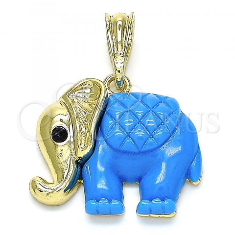 Oro Laminado Fancy Pendant, Gold Filled Style Elephant Design, with Black Crystal, Blue Resin Finish, Golden Finish, 05.380.0119.2