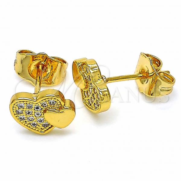 Oro Laminado Stud Earring, Gold Filled Style Heart Design, with White Micro Pave, Polished, Golden Finish, 02.344.0041