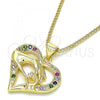 Oro Laminado Pendant Necklace, Gold Filled Style Heart and Hand Design, with Multicolor Micro Pave, Polished, Golden Finish, 04.156.0337.3.20