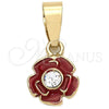 Oro Laminado Fancy Pendant, Gold Filled Style Flower Design, with White Crystal, Red Enamel Finish, Golden Finish, 05.163.0073.3
