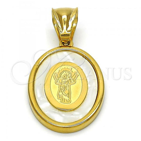 Stainless Steel Religious Pendant, Divino Niño Design, with Ivory Mother of Pearl, Polished, Golden Finish, 05.300.0002