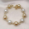 Oro Laminado Fancy Bracelet, Gold Filled Style Ball and Hollow Design, with Ivory Pearl, Polished, Golden Finish, 03.331.0272.09