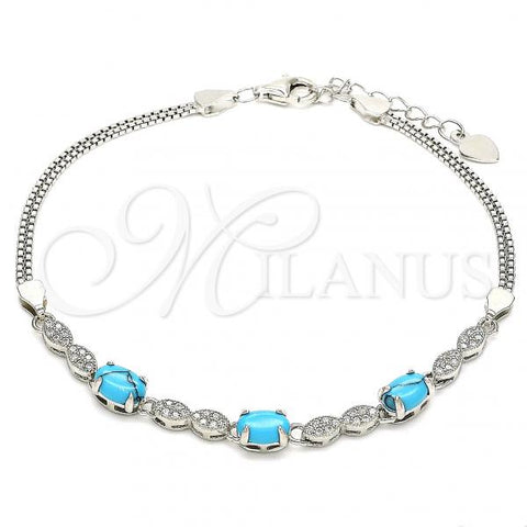 Sterling Silver Fancy Bracelet, with Turquoise Cubic Zirconia and White Micro Pave, Polished, Rhodium Finish, 03.286.0025.07