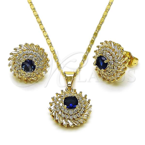 Oro Laminado Earring and Pendant Adult Set, Gold Filled Style Cluster and Baguette Design, with Sapphire Blue and White Cubic Zirconia, Polished, Golden Finish, 10.284.0047.3