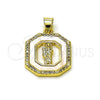 Oro Laminado Religious Pendant, Gold Filled Style San Judas Design, with Ivory Mother of Pearl and White Micro Pave, Polished, Golden Finish, 05.284.0011