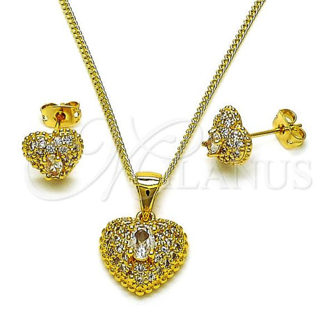 Oro Laminado Earring and Pendant Adult Set, Gold Filled Style Heart and Cluster Design, with White Cubic Zirconia, Polished, Golden Finish, 10.342.0214