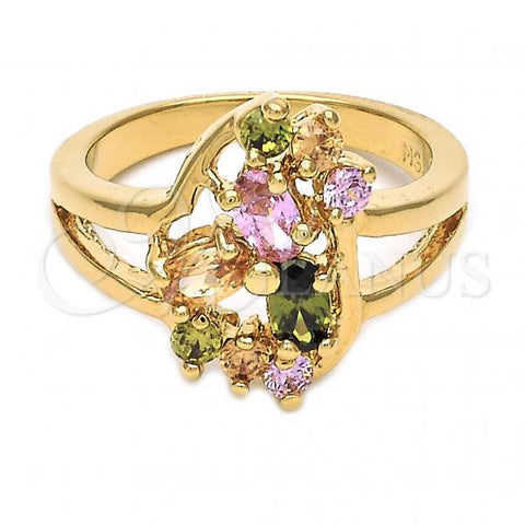 Oro Laminado Multi Stone Ring, Gold Filled Style Flower Design, with Multicolor Cubic Zirconia, Polished, Golden Finish, 5.172.016.07 (Size 7)