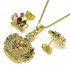 Oro Laminado Earring and Pendant Adult Set, Gold Filled Style Crown Design, with Multicolor Cubic Zirconia and White Micro Pave, Polished, Golden Finish, 10.210.0171