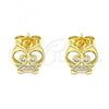 Oro Laminado Stud Earring, Gold Filled Style Owl Design, with White Micro Pave, Polished, Golden Finish, 02.156.0594