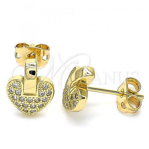 Oro Laminado Stud Earring, Gold Filled Style Heart Design, with White Micro Pave, Polished, Golden Finish, 02.342.0095