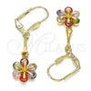 Oro Laminado Long Earring, Gold Filled Style Flower Design, with Multicolor Cubic Zirconia, Polished, Golden Finish, 02.387.0050.1