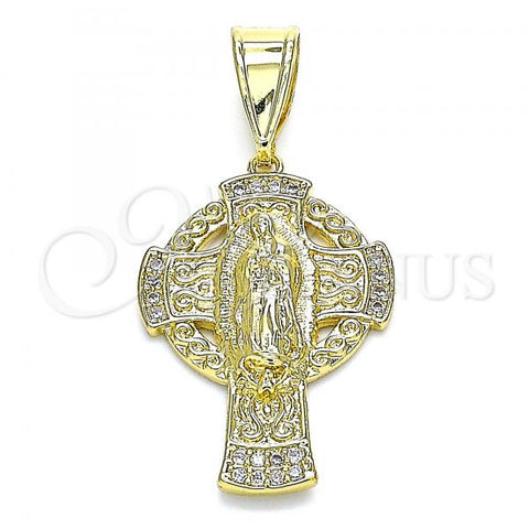 Oro Laminado Religious Pendant, Gold Filled Style Guadalupe and Cross Design, with White Micro Pave, Polished, Golden Finish, 05.253.0084
