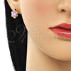 Oro Laminado Stud Earring, Gold Filled Style Flower Design, with Pink Cubic Zirconia, Polished, Golden Finish, 02.213.0230