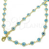 Oro Laminado Necklace and Bracelet, Gold Filled Style Evil Eye Design, Light Blue Resin Finish, Golden Finish, 06.63.0008