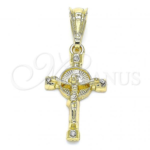 Oro Laminado Religious Pendant, Gold Filled Style Crucifix Design, with White Crystal, Polished, Golden Finish, 05.351.0180