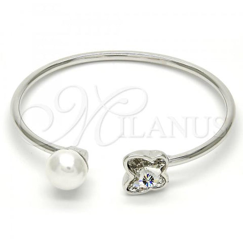 Rhodium Plated Individual Bangle, Butterfly Design, with Crystal Swarovski Crystals and Ivory Pearl, Polished, Rhodium Finish, 07.239.0005.1 (03 MM Thickness, One size fits all)