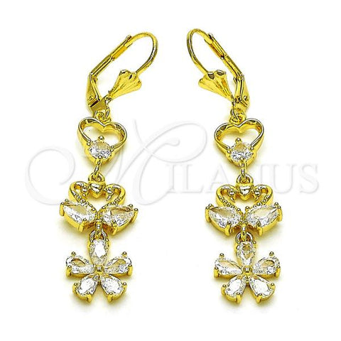 Oro Laminado Long Earring, Gold Filled Style Swan and Heart Design, with White Cubic Zirconia, Polished, Golden Finish, 02.387.0115