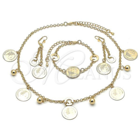 Oro Laminado Necklace, Bracelet and Earring, Gold Filled Style Coin and Rolo Design, Polished, Golden Finish, 06.372.0078