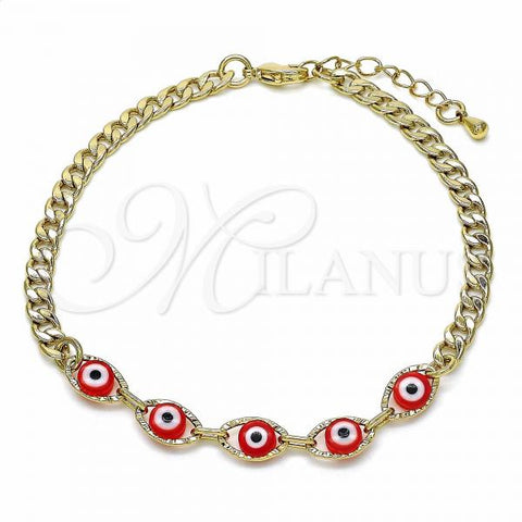 Oro Laminado Fancy Bracelet, Gold Filled Style Evil Eye Design, Red Resin Finish, Golden Finish, 03.63.2087.1.08