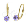 Oro Laminado Leverback Earring, Gold Filled Style with Violet Cubic Zirconia, Polished, Golden Finish, 5.128.085