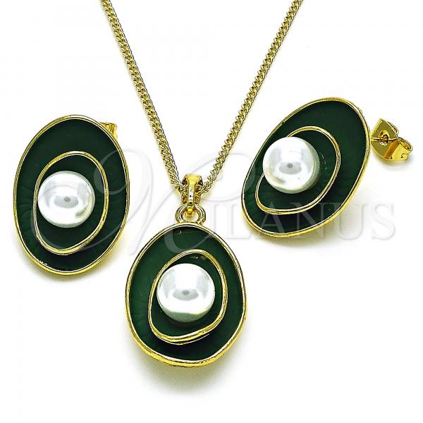 Oro Laminado Earring and Pendant Adult Set, Gold Filled Style Flower Design, with Ivory Pearl, Green Enamel Finish, Golden Finish, 10.379.0054