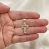 Oro Laminado Religious Pendant, Gold Filled Style Cross Design, with White Micro Pave, Polished, Golden Finish, 05.342.0091