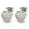 Sterling Silver Stud Earring, Heart Design, with White Micro Pave, Polished, Rhodium Finish, 02.336.0104