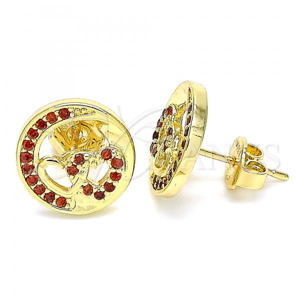 Oro Laminado Stud Earring, Gold Filled Style Heart Design, with Garnet Micro Pave, Polished, Golden Finish, 02.156.0397.2