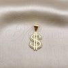 Oro Laminado Fancy Pendant, Gold Filled Style Money Sign Design, with White Micro Pave, Polished, Golden Finish, 05.342.0104