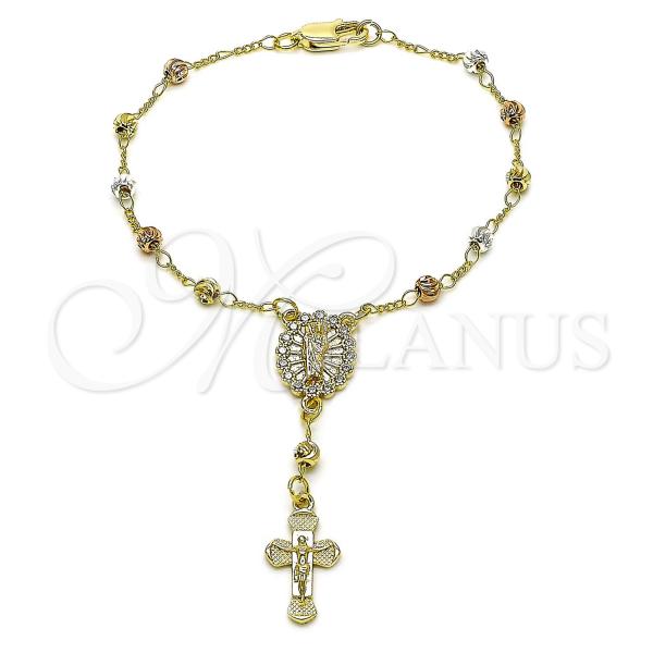 Oro Laminado Bracelet Rosary, Gold Filled Style San Judas and Cross Design, with White Cubic Zirconia, Diamond Cutting Finish, Tricolor, 09.253.0079.07