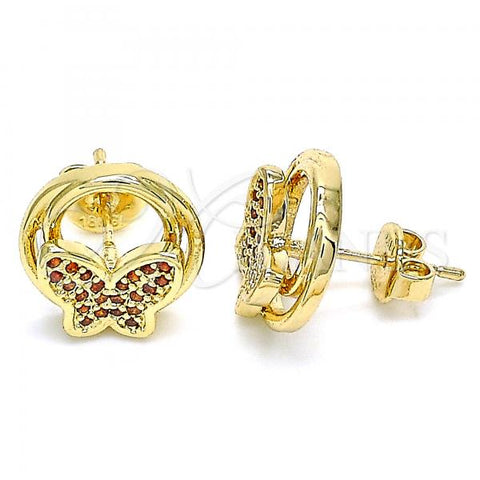 Oro Laminado Stud Earring, Gold Filled Style Butterfly Design, with Garnet Micro Pave, Polished, Golden Finish, 02.156.0453.2