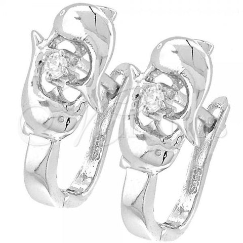Sterling Silver Huggie Hoop, Dolphin Design, with White Cubic Zirconia, Polished, Rhodium Finish, 02.176.0026