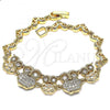 Oro Laminado Fancy Bracelet, Gold Filled Style Owl and Heart Design, with White Cubic Zirconia and White Micro Pave, Polished, Golden Finish, 03.283.0159.07