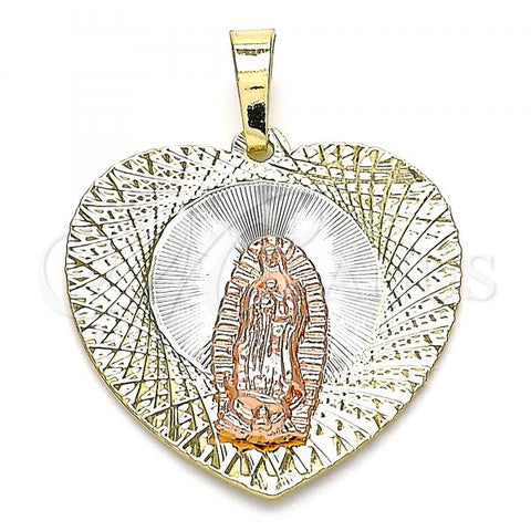 Oro Laminado Religious Pendant, Gold Filled Style Guadalupe and Heart Design, Diamond Cutting Finish, Tricolor, 05.380.0132