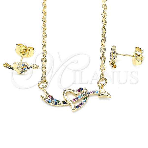 Oro Laminado Earring and Pendant Adult Set, Gold Filled Style Heart Design, with Multicolor Cubic Zirconia, Polished, Golden Finish, 10.316.0055.2