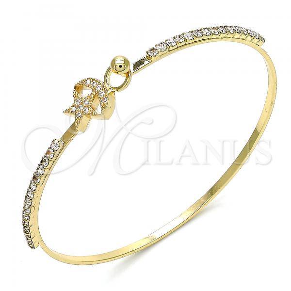 Oro Laminado Individual Bangle, Gold Filled Style Star and Moon Design, with White Micro Pave and White Crystal, Polished, Golden Finish, 07.193.0028.04 (02 MM Thickness, Size 4 - 2.25 Diameter)