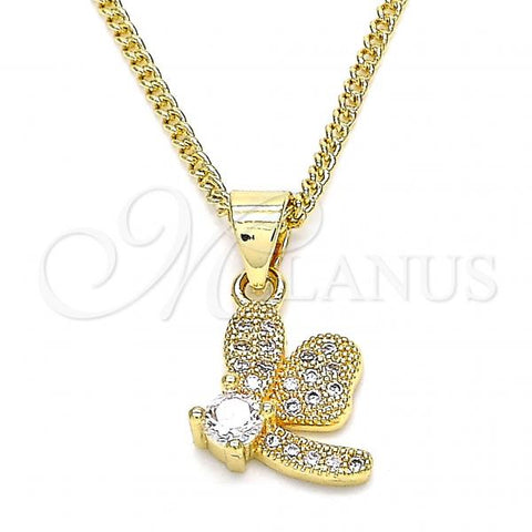 Oro Laminado Pendant Necklace, Gold Filled Style Dragon-Fly Design, with White Cubic Zirconia and White Micro Pave, Polished, Golden Finish, 04.199.0035.20