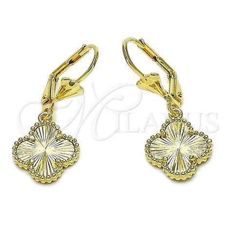 Oro Laminado Dangle Earring, Gold Filled Style Four-leaf Clover Design, Diamond Cutting Finish, Golden Finish, 02.414.0013