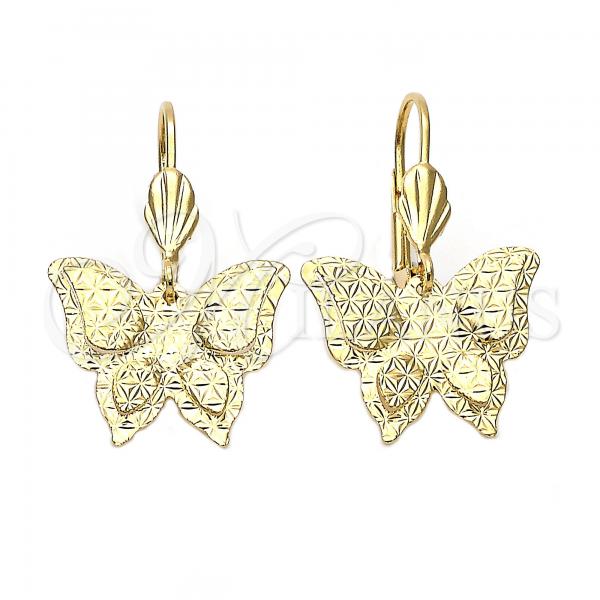 Oro Laminado Dangle Earring, Gold Filled Style Butterfly and Flower Design, Diamond Cutting Finish, Golden Finish, 5.066.013